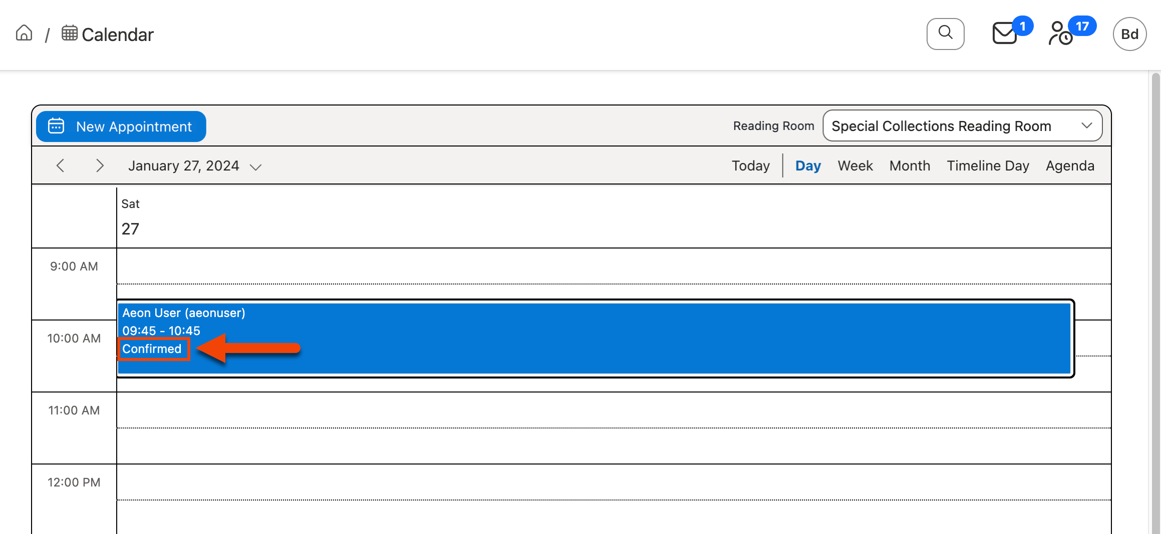 Appointment status highlighted on the Calendar page of the Aeon Web Client